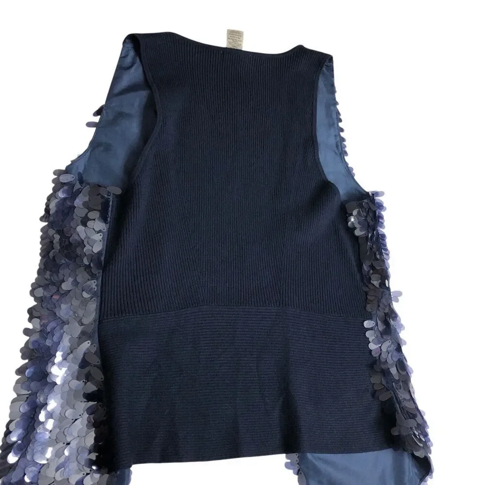 Cache Cardigan Vest Womens S Blue Sequined Sleeveless Open Ribbed Career Chic - Picture 10 of 12
